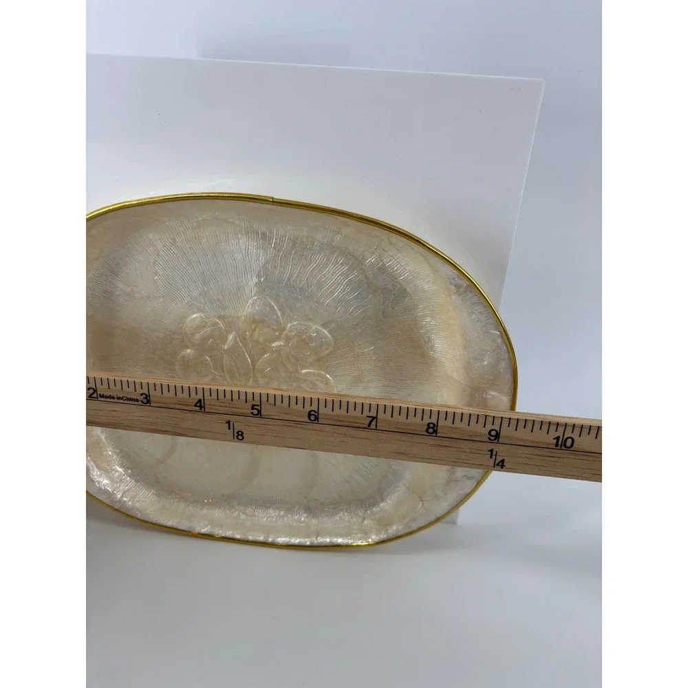 Vintage Capiz Shell Tray Set Gold Rim Iridescent Fruit Embossed 2 Piece